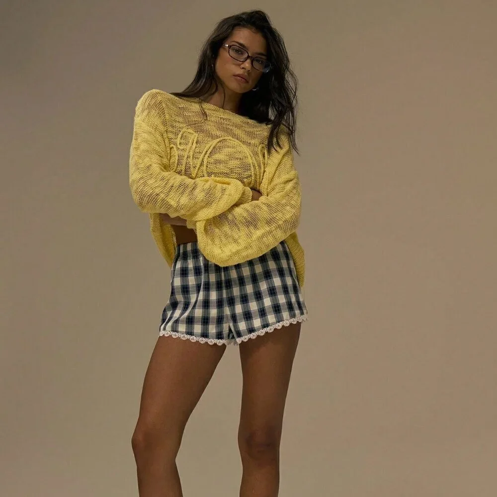 Yellow Casual Women's Crew Neck  Embroidery Knit Sweater Top